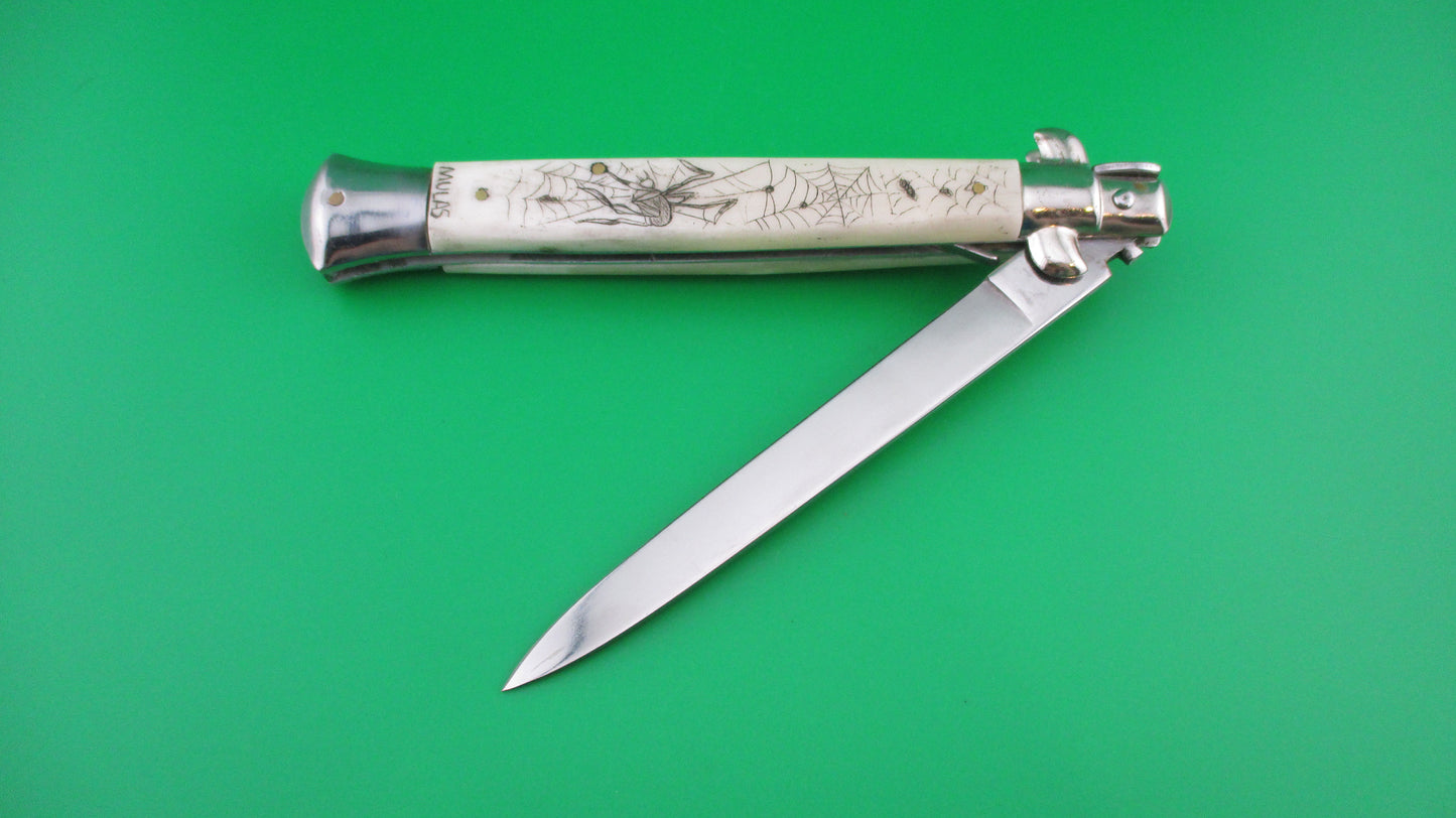 J INOX 28cm Italian Swivel bolster Scrimshaw Spiders & webs automatic knife OSK MULAS