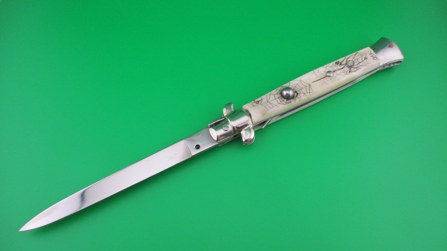 J INOX 28cm Italian Swivel bolster Scrimshaw Spiders & webs automatic knife OSK MULAS