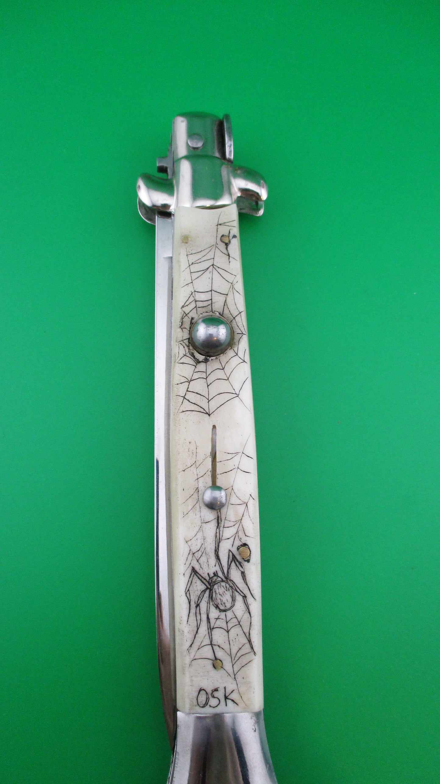 J INOX 28cm Italian Swivel bolster Scrimshaw Spiders & webs automatic knife OSK MULAS