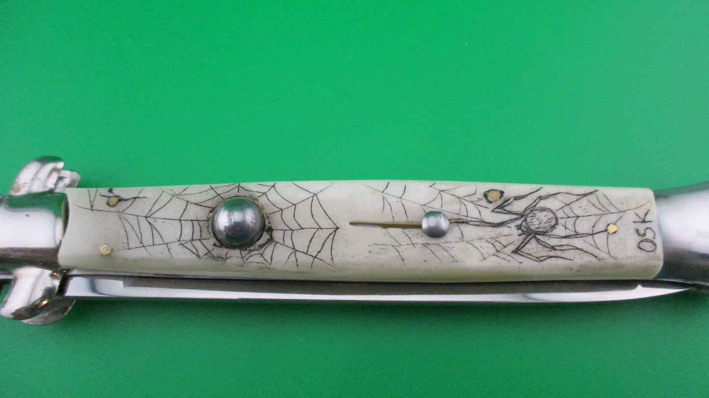 J INOX 28cm Italian Swivel bolster Scrimshaw Spiders & webs automatic knife OSK MULAS