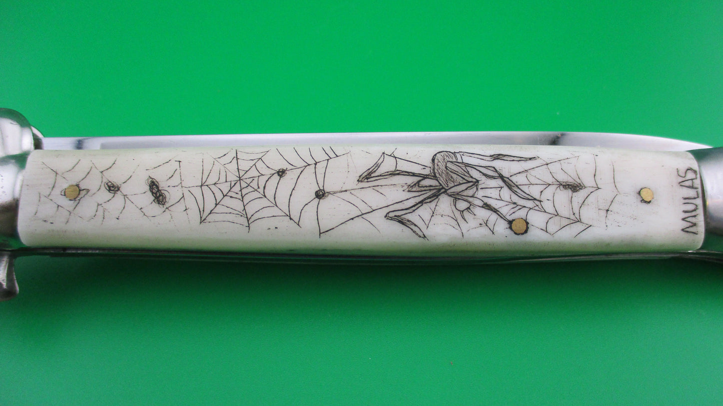 J INOX 28cm Italian Swivel bolster Scrimshaw Spiders & webs automatic knife OSK MULAS