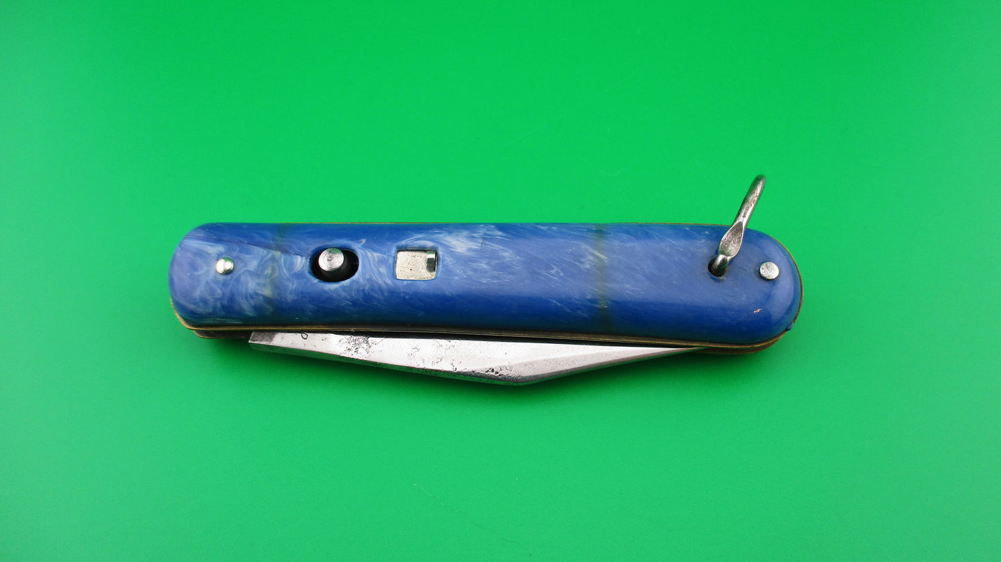 COLONIAL SHUR-SNAP Fatjack Blue & White swirl vintage 1950s switchblade knife