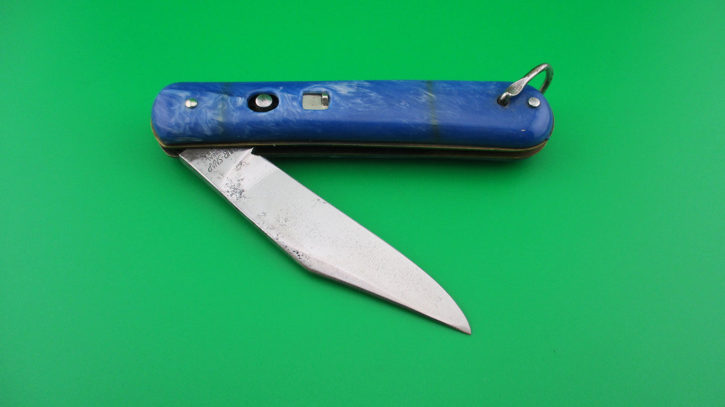 COLONIAL SHUR-SNAP Fatjack Blue & White swirl vintage 1950s switchblade knife