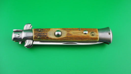 ITALY STAINLESS 22cm Italian Stiletto Stag Swivel bolster switchblade knife