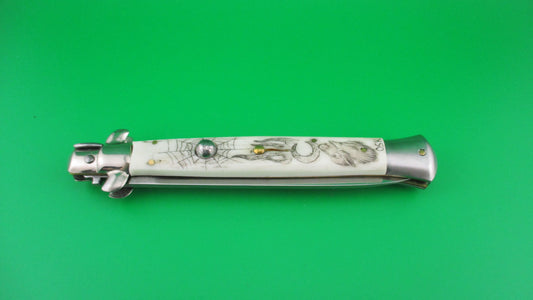 J INOX 28cm Italian Swivel bolster Scrimshaw Wolf & Moon automatic knife OSK MULAS