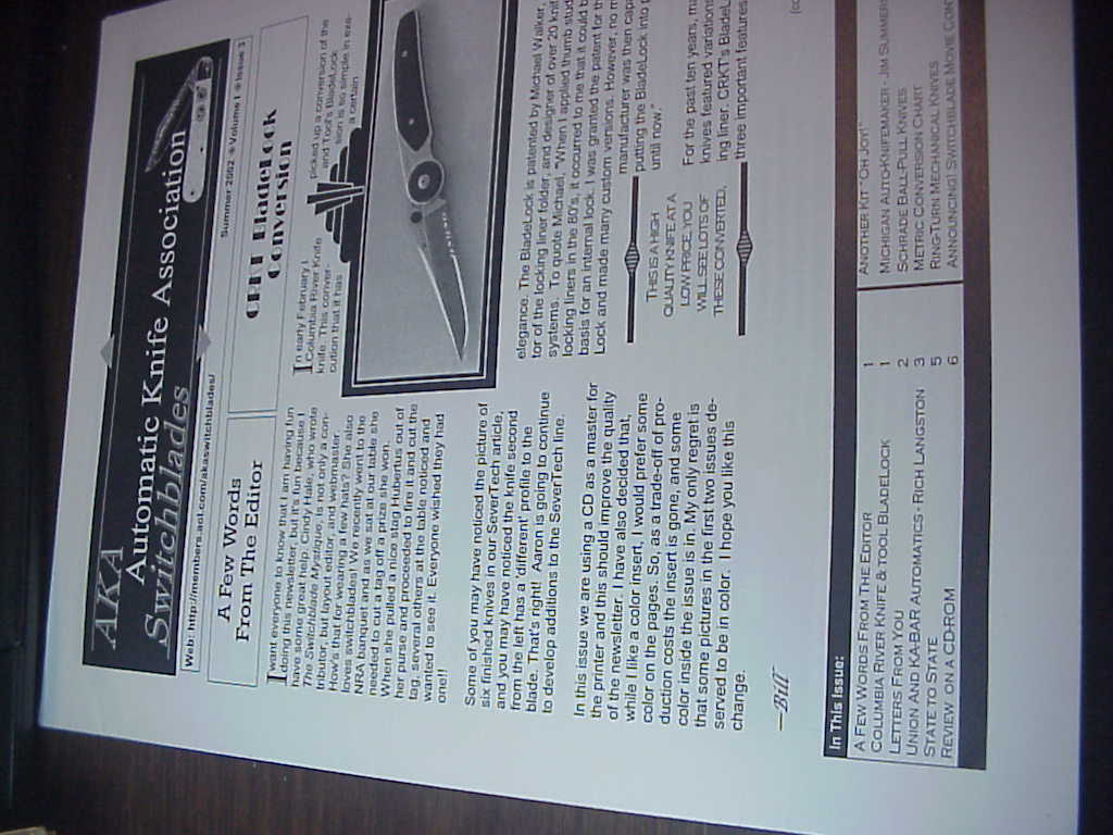 AKA Automatic Knife Association Switchblades Newsletter Summer 2002 Vol 1 Issue 3