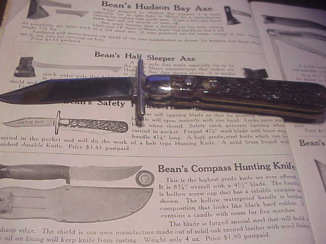 RARE LL BEAN Hunter's Pride folding guard vintage 1939 automatic knife & catalog