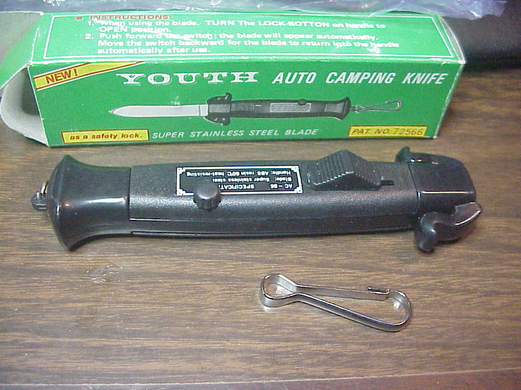 YOUTH AC-86 22cm TAIWAN OTF Auto Camping Knife vintage NOS Black switchblade w/ safety