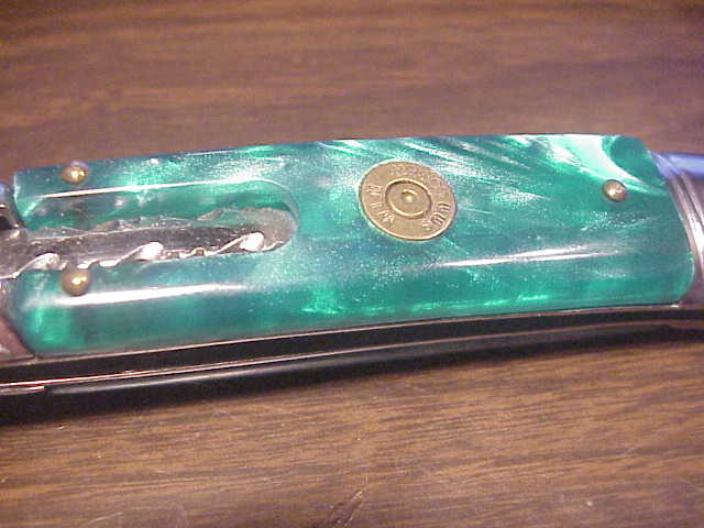 INOX 20cm Italian Lever Customized Green Pearl File work automatic knife 9mm Luger