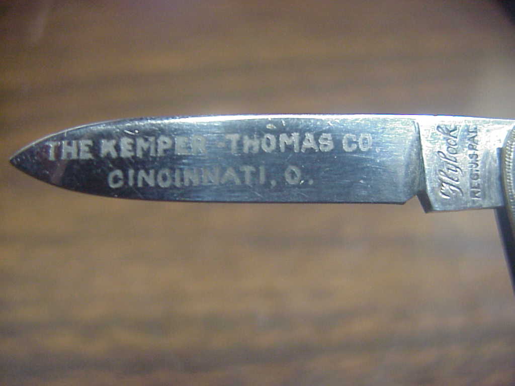 Colonial Kemper Thomas Company Salesman hinged display box w/ knives Snappy Flylock