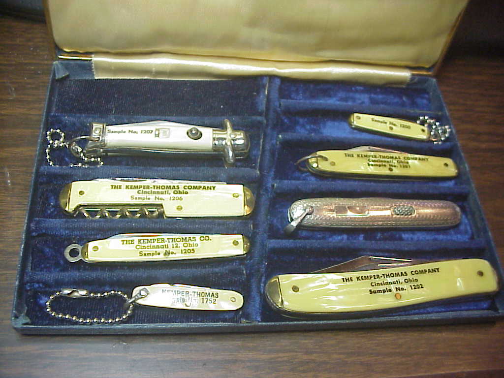 Colonial Kemper Thomas Company Salesman hinged display box w/ knives Snappy Flylock