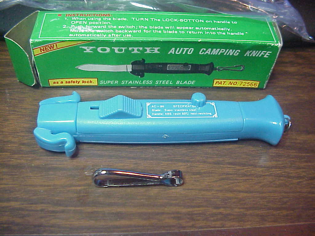 YOUTH AC-86 22cm TAIWAN OTF Auto Camping Knife vintage NOS BLUE switchblade w/ safety