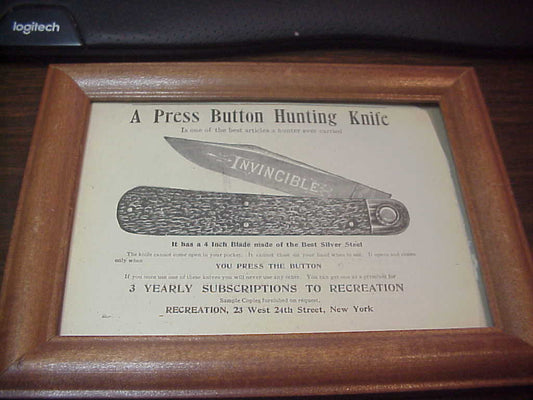 Framed original 1890s Press Button Knife Co Invincible Ad