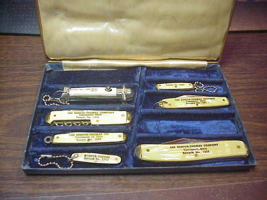 Colonial Kemper Thomas Company Salesman hinged display box w/ knives