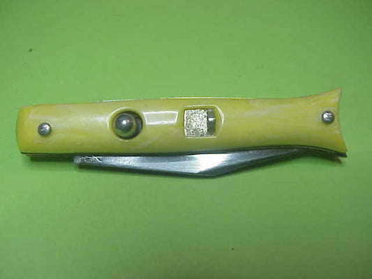 SNAPPY Mini Fishtail (not keychain) Vintage Yellow swirl automatic knife