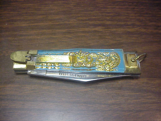 Bullfighter Dragon 19cm Mexican Light Blue Souvenir lever switchblade knife