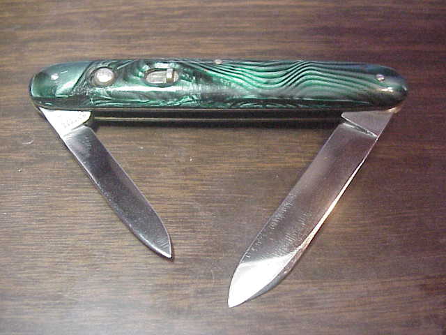 SCHRADE WALDEN Medium Double Green Pearl Advertising MINT automatic knife