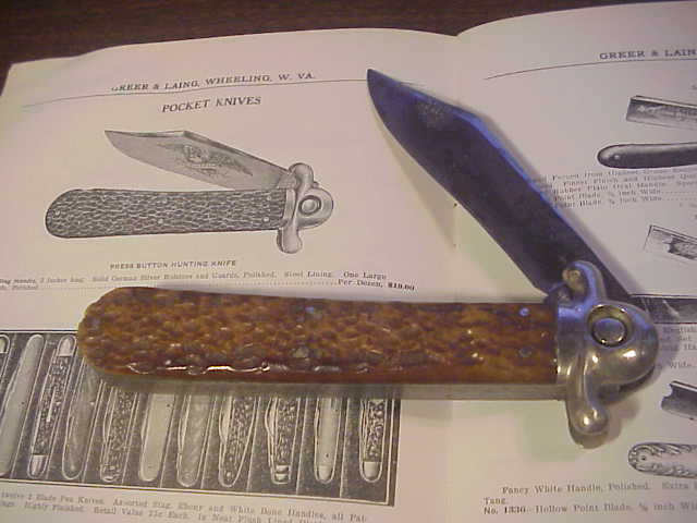 Press Button Knife Co GUARDIAN Antique switchblade knife partial etch