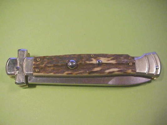 AGA CAMPOLIN 23cm Italian Maltese Stag crossguard automatic knife w box